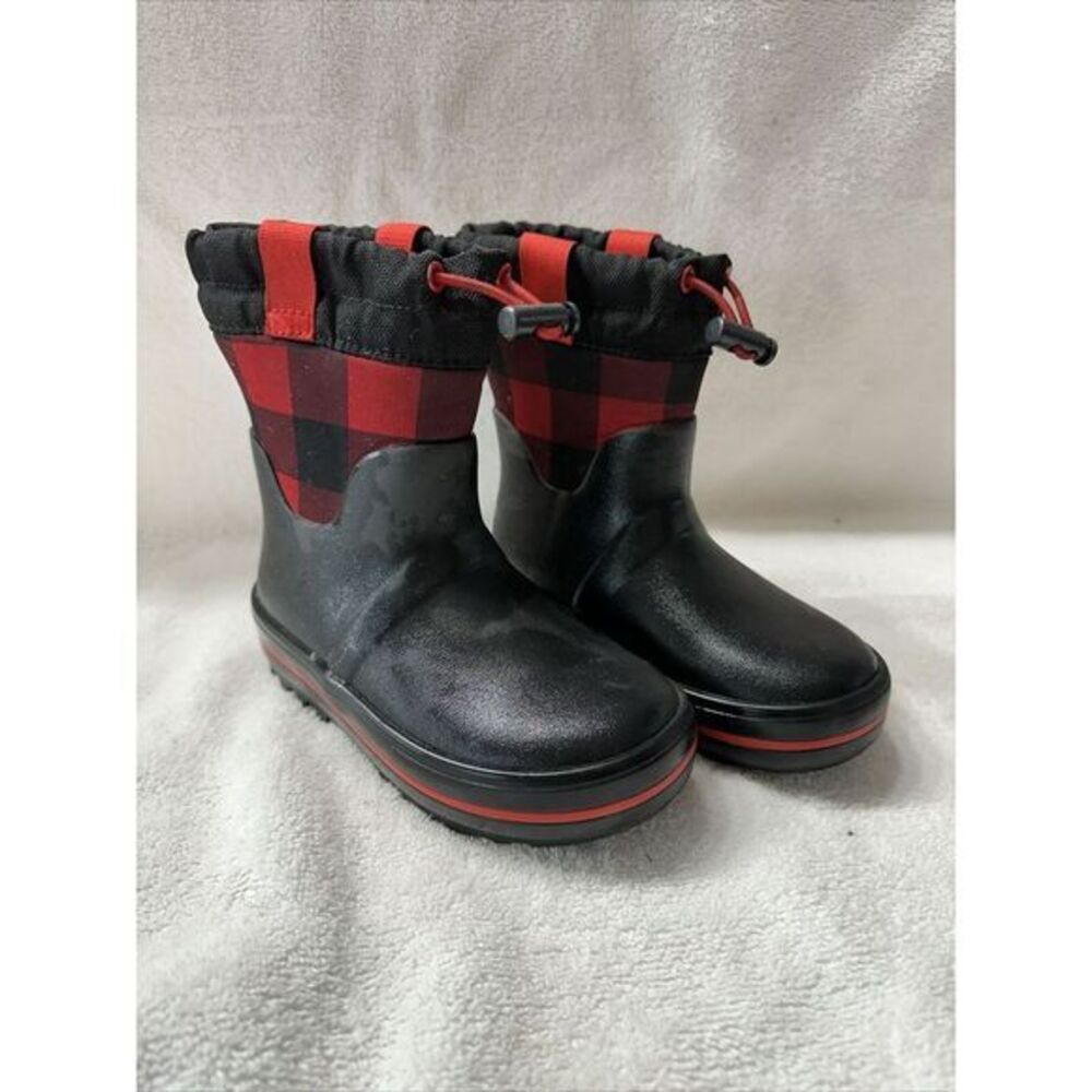 Cat & Jack Kids Red Buffalo Plaid Waterproof Winter Rain Boots‎ Cinch Top Sz 10